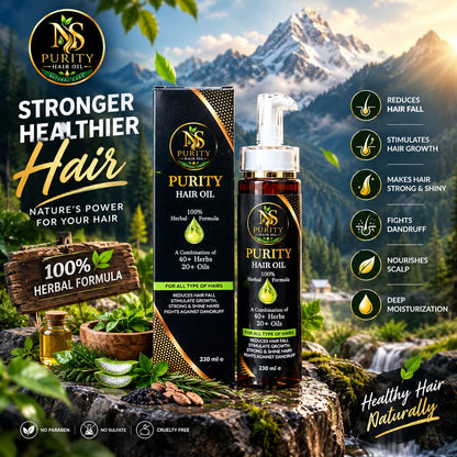 Purity Hair Oil bottle and box displayed in a scenic outdoor mountain setting with moss, leaves, and a wooden sign, accompanied by benefit callouts on the right.